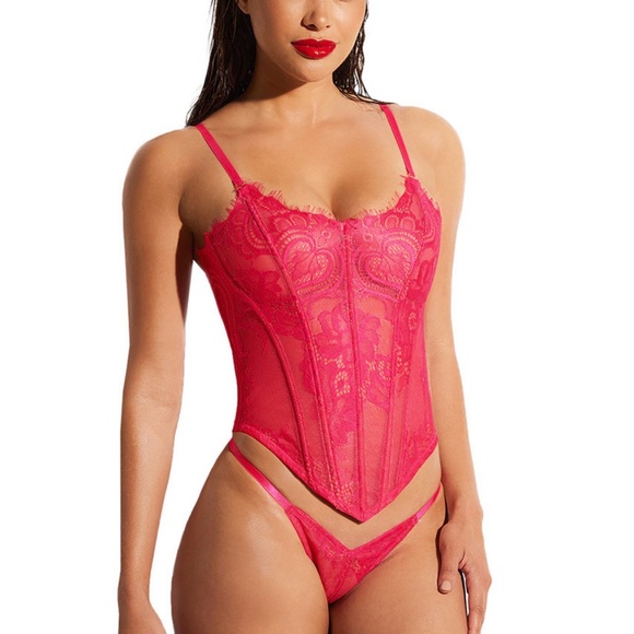 Oh La La Cheri Paris Hot Pink Lace Corset Bustier & Thong Set NWT - Picture 8 of 8